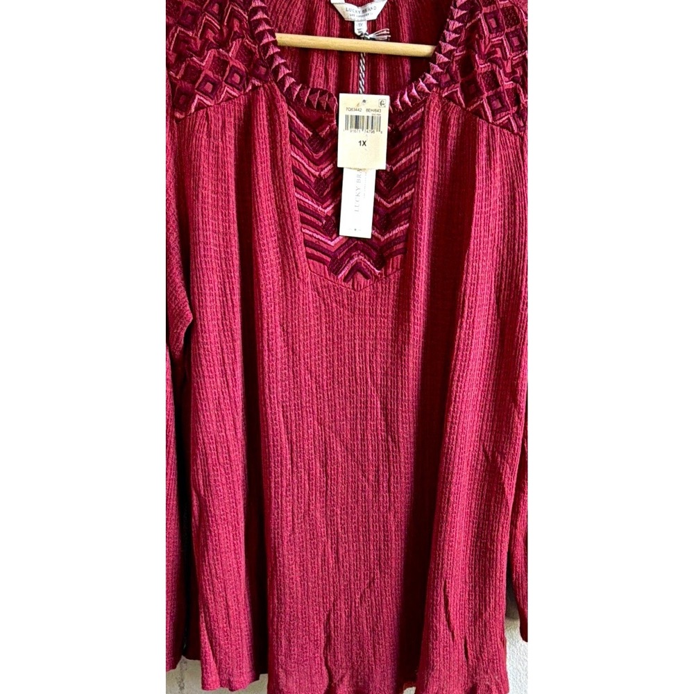 Lucky Brand Burgundy Knit Tunic Blouse Embroidered Tassel V-Neck Bell 1X
